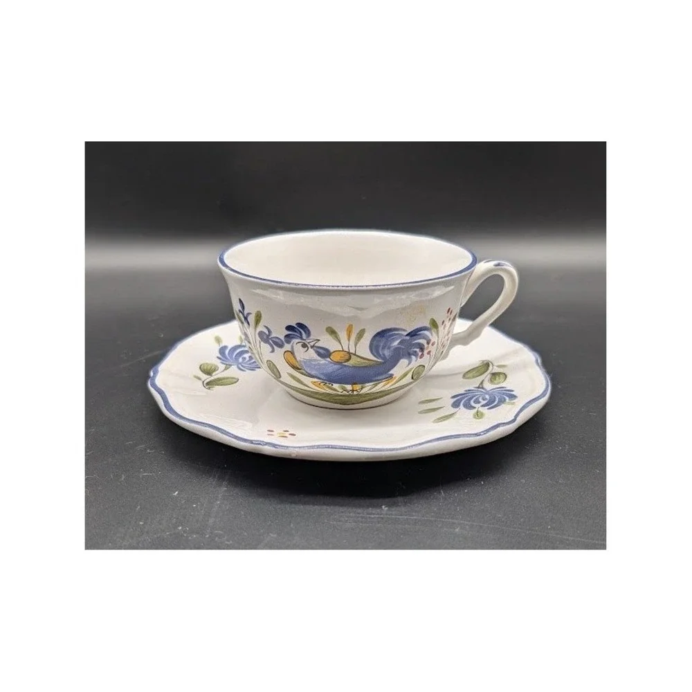 Vintage Luneville France Chanteclerc Teacup Saucer Set scallop Rooster Blue Rare